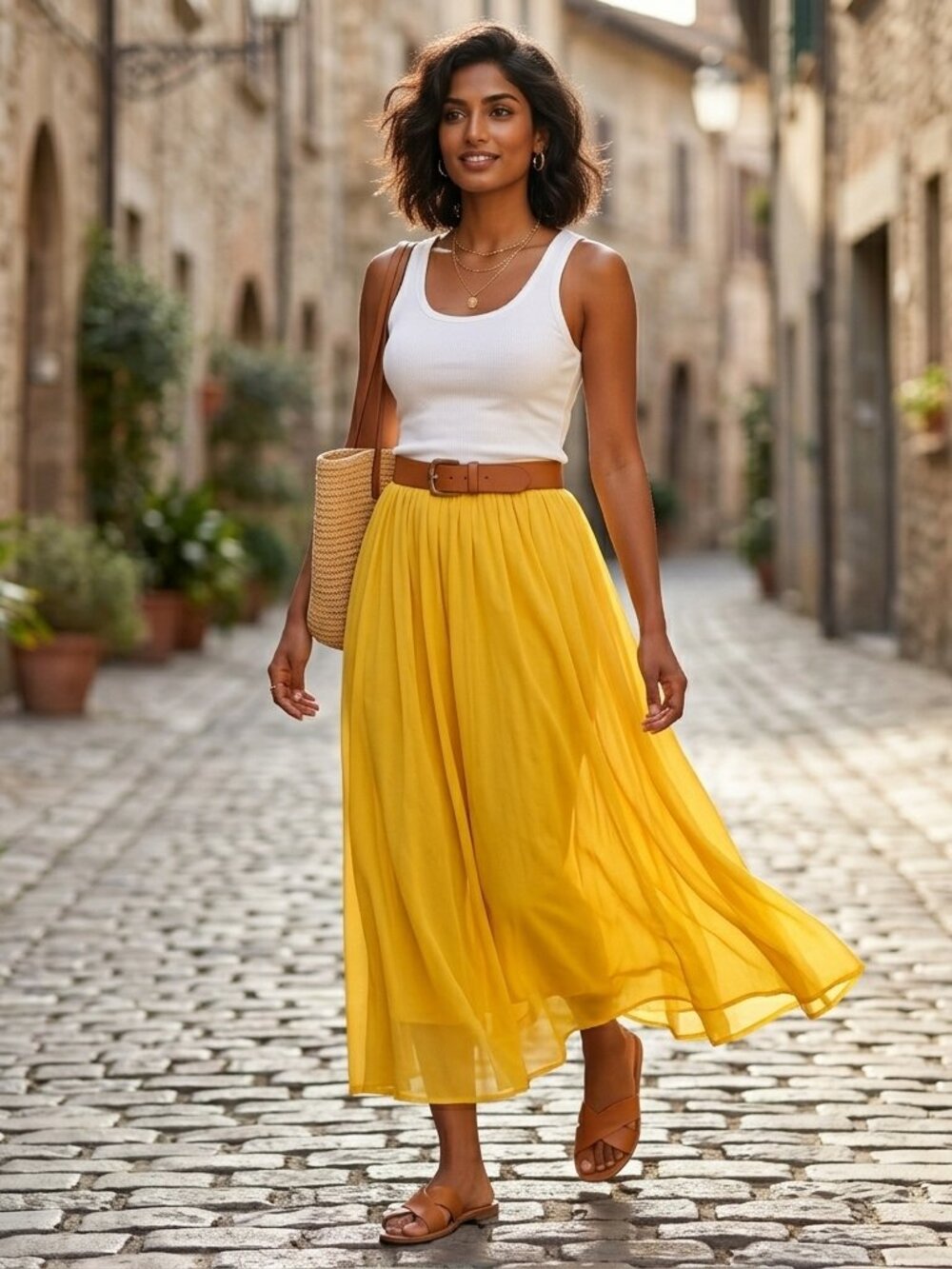 Women's Chiffon Flowy Maxi Skirt Stretchy Waist Vibrant Yellow Size Large